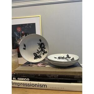 Set Of 3 Meiyo White With Black Rose Floral Ceramic Plates Cottagecore